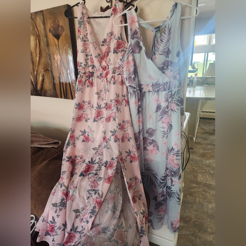 2 new floral sheer silky long dresses large